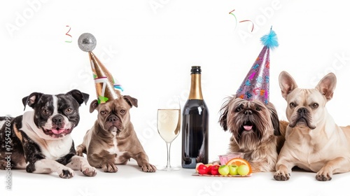 Group of pets in birthday hat with a bottle of wine and glass of champagne. isolated on white background,Fun Puppies Celebrating a Birthday
 photo