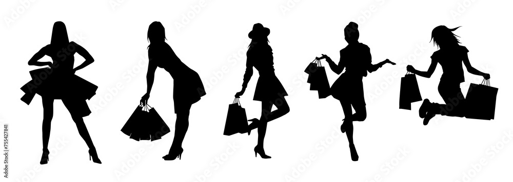 Fototapeta premium Collection of woman silhouette carrying shopping bags