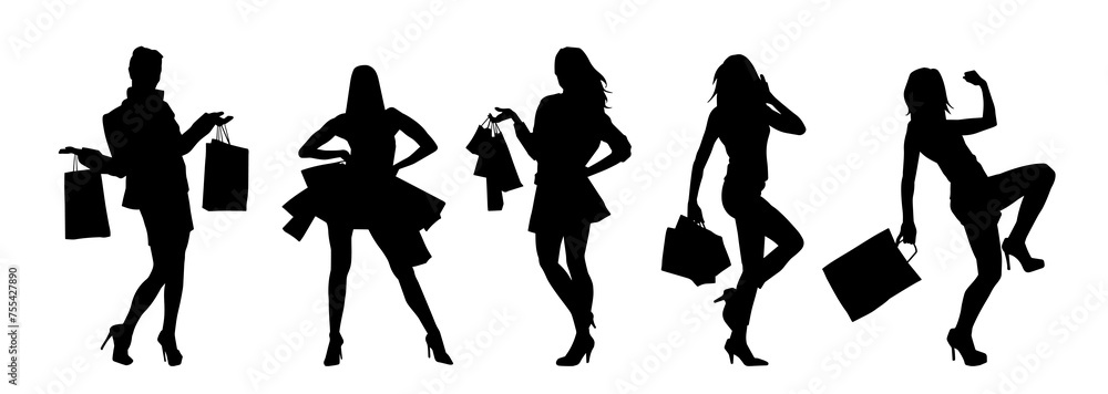 Collection of woman silhouette carrying shopping bags Collection of woman silhouette carrying shopping bags