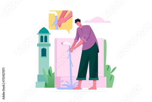 Muslim People Performing Wudu Vector Illustration