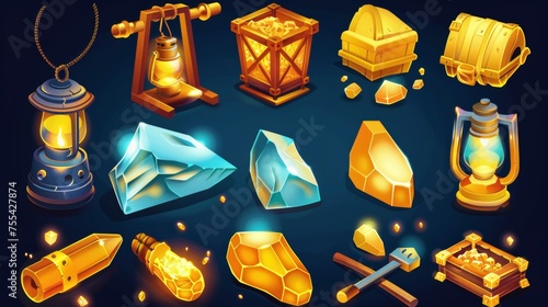 Set of cartoon modern illustration assets of treasure hunt assets - glowing nuggets of gold in stone, drill machine and helmet with lantern, and dynamite with a lighted wick.
