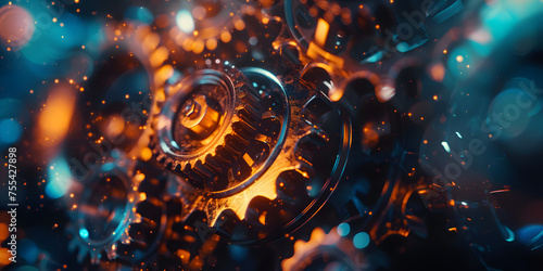 Macro shot of moving metallic gears and cogs with shimmering blue and orange particles. Depicts precise engineering, elaborate machinery, and the idea of intricate industrial systems