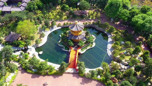 Drone view of Nan Lian Garden, Chi Lin Nunnery, Diamond Hills, Hong Kong. photo