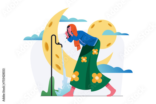 Muslim women perform ablution before prayer vector