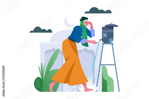 Muslim women perform ablution before prayer vector Illustration