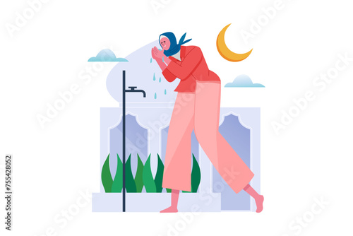 Muslim women perform ablution before prayer vector Illustration