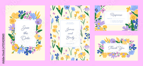Design of invitation cards set. Floral frame with place for text. Greeting notes with botanical decoration. Wildflowers, wild meadow flowers on template wedding flyers. Flat vector illustrations