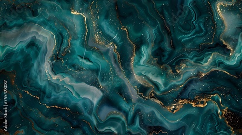 An abstract marble-like pattern with swirls of rich teal and lighter hues, interlaced with streaks of gold, creating a luxurious, fluid appearance reminiscent of the ocean.