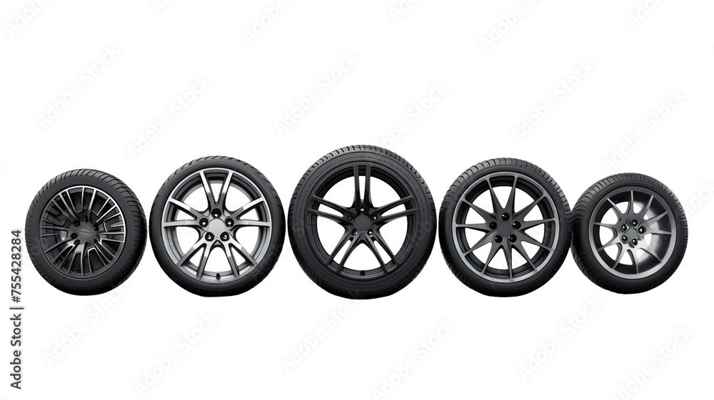 Complete collection of automobile wheels isolated on a transparent background
