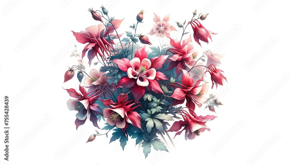 Watercolor illustration of Crimson Columbine flowers