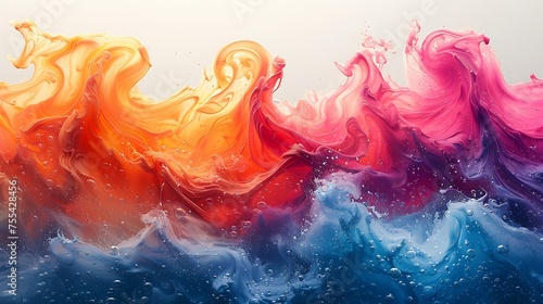 Vibrant swirls of orange, blue, and pink colors intermingle in a dynamic and fluid abstract splash on a pristine white background, perfect for energetic and creative concepts.  photo