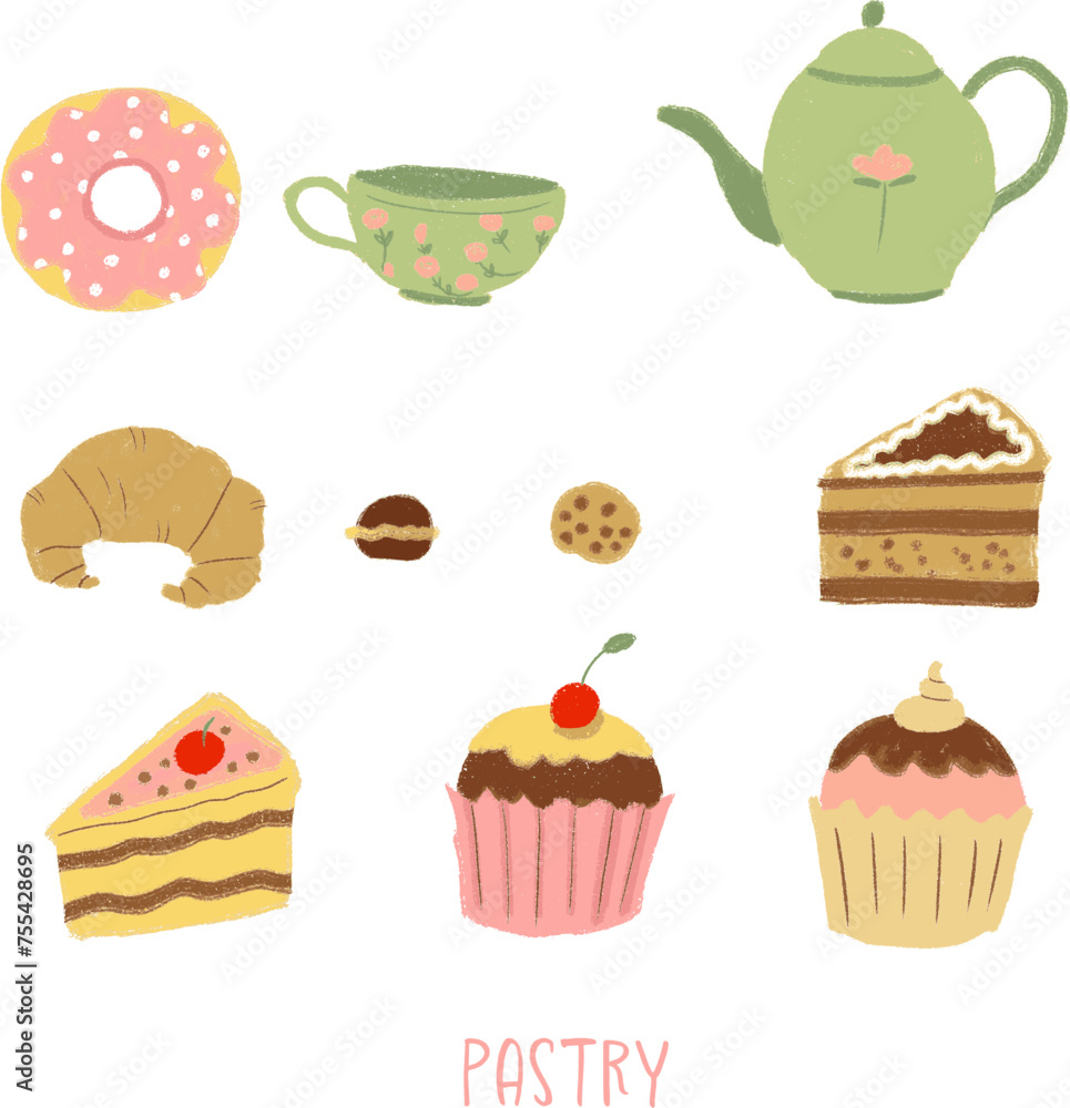 Set of sweets. Hand drawn painted objects isolated on white background: candy, fruit, berry, cupcakes, chocolate, cookie