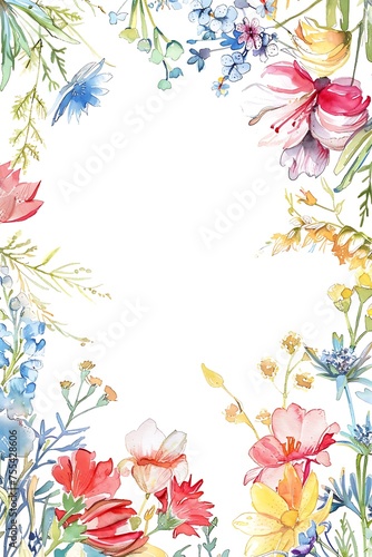 A floral watercolor frame of brightly colored flowers and foliage, valentine's day, easter, birthday, happy women's day, mother's day, copy space © Vivid Canvas