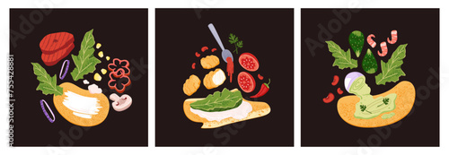 Shawarma recipe cards set. Cooking of shawerma with vegetables, meat, sauce. Preparing of doner kebab. Tortilla rolls with different ingredients. Street food restaurant. Flat vector illustrations