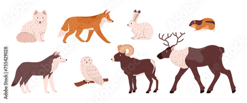 Set of tundra birds and animals.