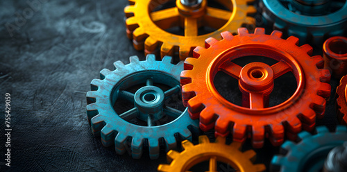 A row of colorful gears are reflected in a dark background. The gears are arranged in a row, with the blue one on the left and the red one on the right © MAJGraphics
