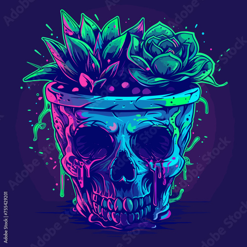 Neon Skull and Succulent Illustration, Svg Vector Clipart