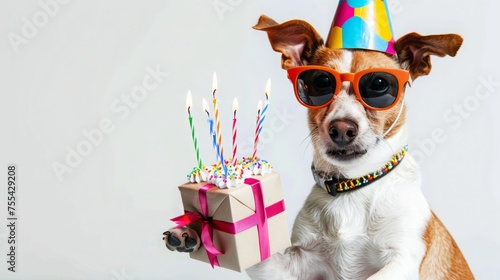 Jack russell terrier puppy wearing a party hat holds gift box and birthday cake with lot of candle and looks away on empty space. isolated on white background

