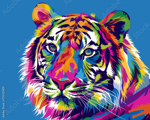 Colorful Tiger on Blue Background, Svg Vector Clipart