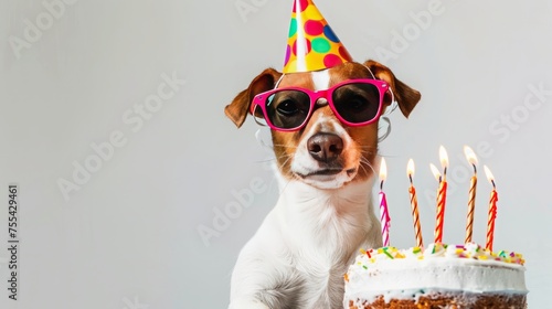 Jack russell terrier puppy wearing a party hat holds gift box and birthday cake with lot of candle and looks at camera. isolated on white background 