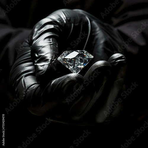 Man in black gloves holding a sparkling diamond. luxury, wealth, and elegance captured in a single image. ideal for high-end advertising. AI