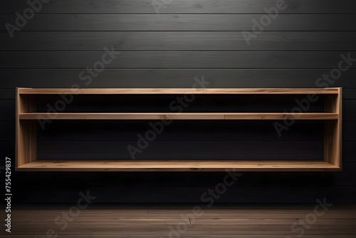 Empty black wooden shelf on a dark background. empty shelf on a dark background design. © Mahmud