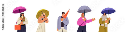 People hold umbrellas in hand to save from rain. Men and women with brolly to protect from rainy weather. Characters standing with open, closed canopies set. Flat isolated vector illustration on white