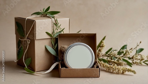 A minimalist packaging layout with eco-friendly materials like cardboard, raffia tie, and fresh greenery photo