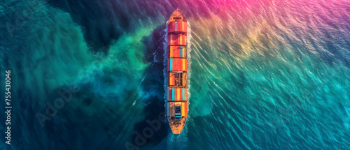  A large cargo ship is sailing through the ocean with a colorful splash of paint on its side. The ship is carrying a variety of containers, including a large number of orange and red ones