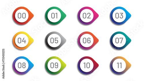 Number bullet point colorful markers 0 to 11 vector. Circular number bullet point from zero to eleven. Colorful sale badges.