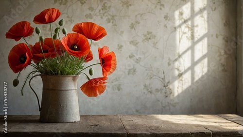 A vintage-style image capturing vibrant red poppies in a metallic jug, positioned on a weathered table, invoking a sense of nostalgia