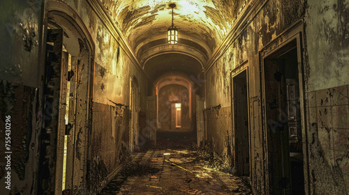 A decrepit asylum hallway doors ajar