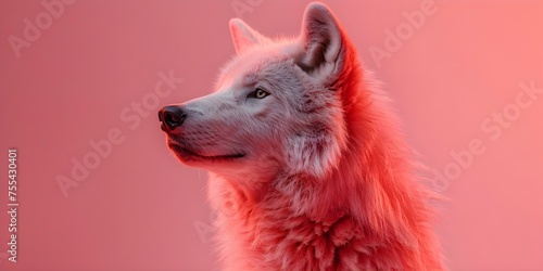 A pink Wolf in a bright monochromatic pink environment . Concept Pink Wolf, Monochromatic Environment, Bright Colors, Animal Photography photo