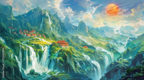 Tranquil Serenity. Chinese Oil Painting Depicting a Verdant Grassland with Small Houses Nestled on Mountainsides, Waterfalls Cascading Down, and Streams Flowing Through the Landscape.