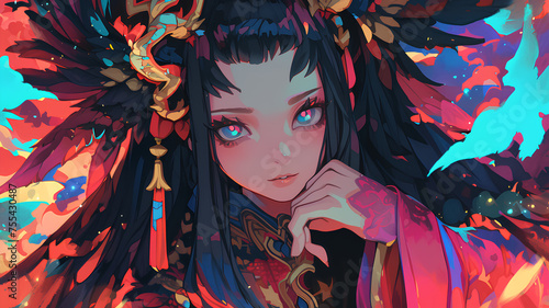 anime girl face witch wearing long robe with black feathered wings