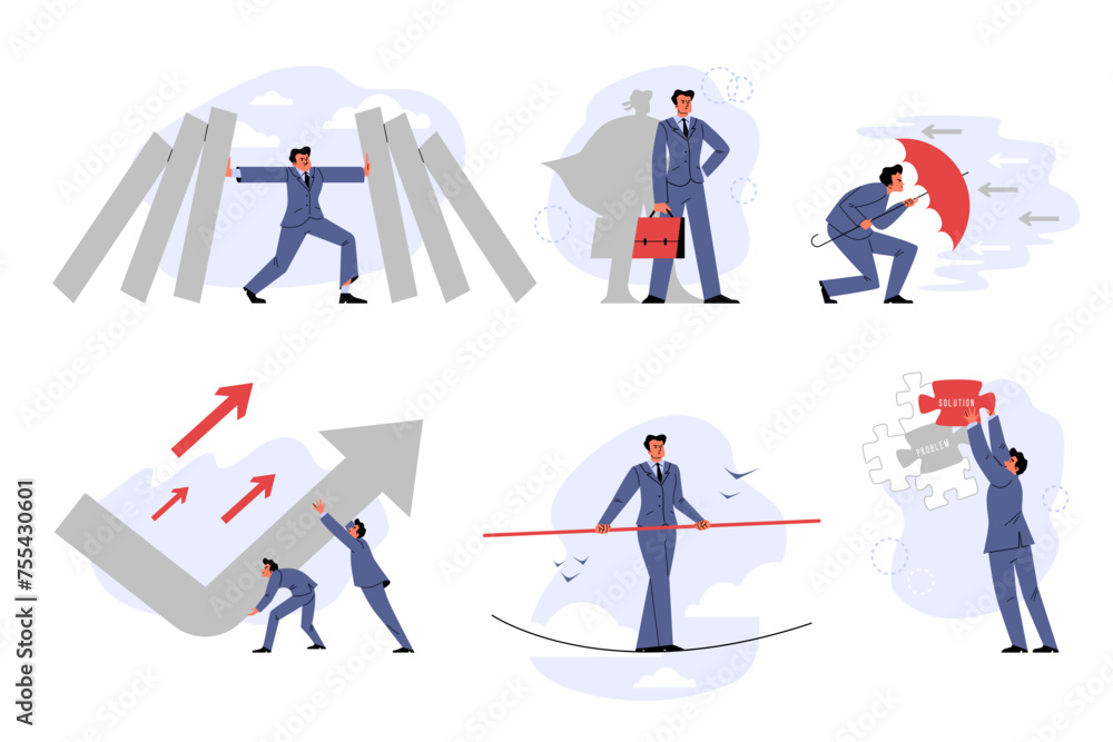 Set of businessmen and arrows flat style, vector illustration