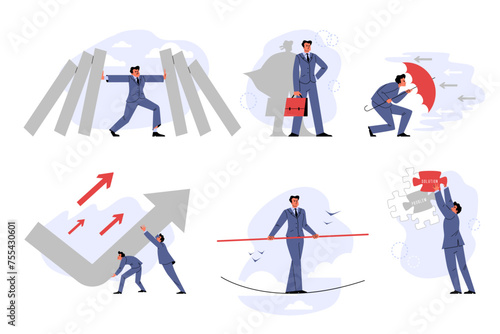 Set of businessmen and arrows flat style, vector illustration