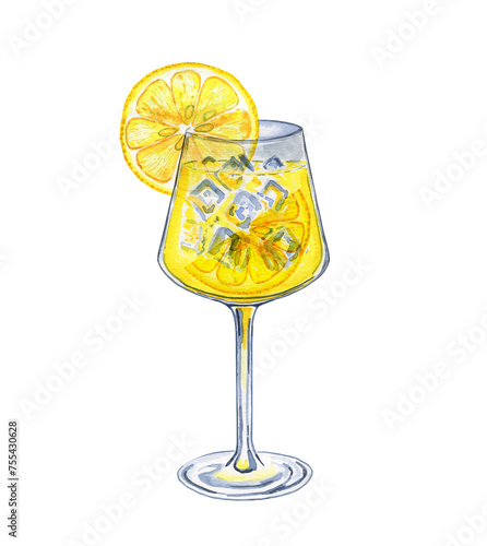 Limoncello cocktail spritz in glass goblet watercolor illustration. Hand drawn image of a lemon drink with ice cubes and lemon slices. For the menu and bar.