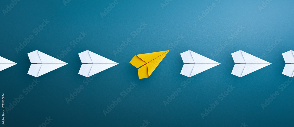Business for innovative solution concept with Yellow paper plane. copy space - obrazy, fototapety, plakaty 