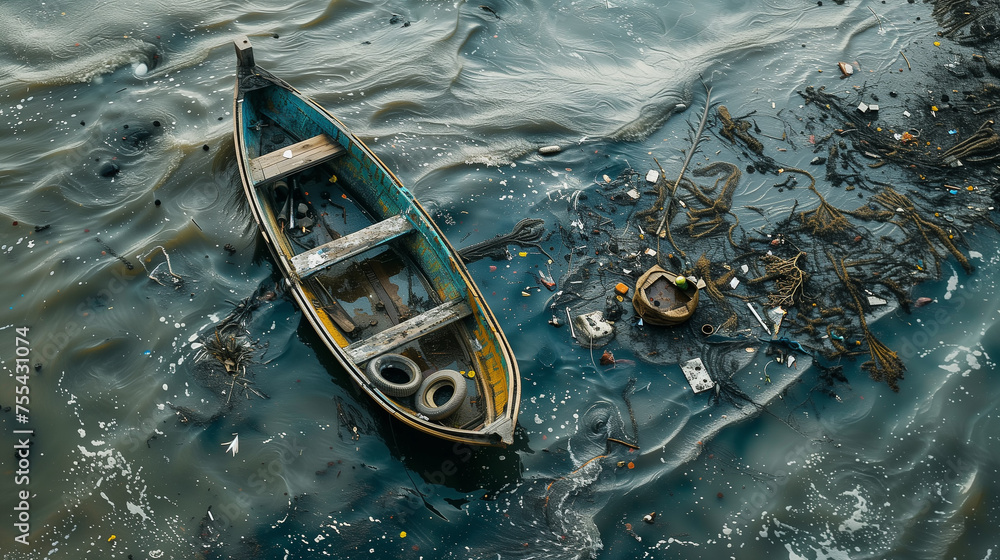 A solitary wooden boat floats in polluted waters, surrounded by debris and waste, highlighting environmental concerns.