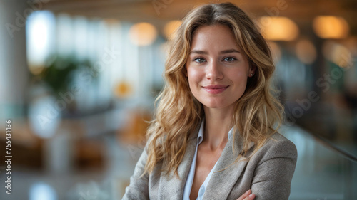Free Download a business woman is smiling confidently with her office in the background. - GFXLoad