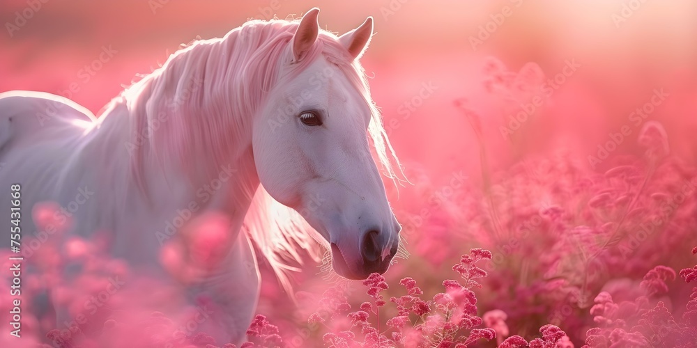 A pink Horse in a bright monochromatic pink environment . Concept Monochromatic Pink, Horse Photoshoot, Vibrant Set Design, Colorful Equine, Creative Photography
