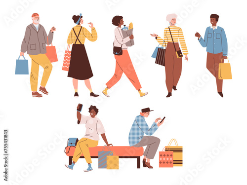 Happy people walking with shopping bags, cartoon smiling men and women carrying purchases from shopping mall vector set