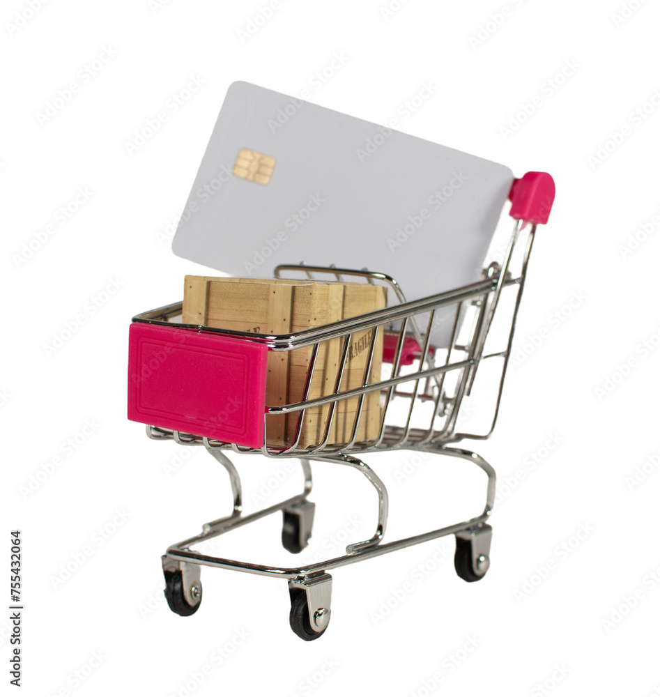 A shopping cart with a white card and a brown box on it