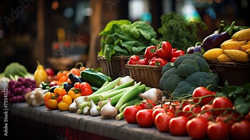 Fresh vegetables and fruits on the counter of farmers market in the city.