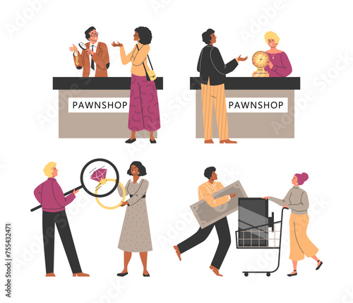 Pawnshop characters set of buyers and pawnbrokers vector illustration isolated.