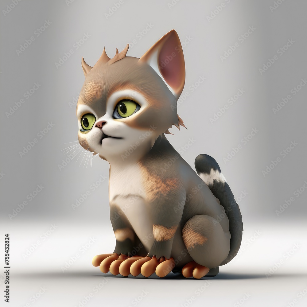 side view of a 3D Cute smile kitty character with Realistic hatchlings sitting