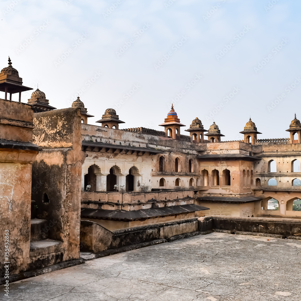 Beautiful view of Orchha Palace Fort, Raja Mahal and chaturbhuj temple from jahangir mahal, Orchha, Madhya Pradesh, Jahangir Mahal - Orchha Fort in Orchha, Madhya Pradesh, Indian archaeological sites