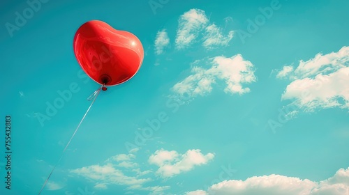 Heart-Shaped Red Balloon Floating in Blue Sky
 photo