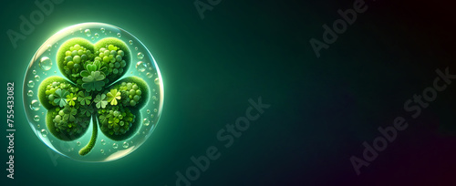 Banner, Shamrock bubble style, isolated on a green background, St. Patrick’s Day, clover, Shine and Green leaves, Copy space, Blanck for text, Front view